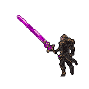 Armored warrior wielding a large, glowing purple sword, positioned on the right side of a solid brownish-tan background.