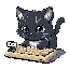 This pixel art depicts a cute black cat intently focused on a computer keyboard, its paws poised for typing. The adorable feline's large, expressive eyes and subtle details create a charming and humorous scene of a cat embracing technology.
