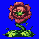 A monstrous carnivorous plant with a gaping maw, reddish-pink petals, sharp white teeth, and a glowing green interior, emerges from a thick, winding green stem and broad leaves against a solid blue background.