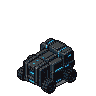 Isometric view of a hulking, dark gray futuristic transporter with glowing cyan accents.
