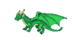 A vibrant green dragon with golden horns soars through the air, wings outstretched.