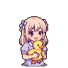 Anime girl with blonde hair tied with purple ribbons gently holding a yellow duckling.