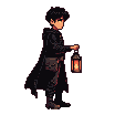 A cloaked figure walks in darkness, holding a lit lantern that illuminates their path.