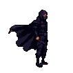 Shadowy figure in a dark, hooded cloak sprints to the right, cloak billowing.