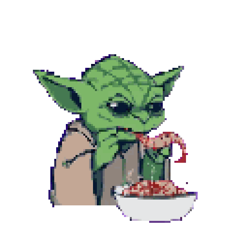This pixel art shows Jedi Master Yoda taking a break from saving the galaxy to enjoy a steaming bowl of shrimp noodles. The unexpected scene blends the iconic character with a humorous, everyday activity.