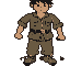 Young man in olive-drab uniform with dark, tousled hair and wide, curious eyes, depicted in pixelated frames.