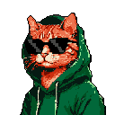 This pixel art portrait features a cool, anthropomorphic cat rocking a green hoodie and black sunglasses. The character's confident, enigmatic vibe is perfect for a streetwear aesthetic.