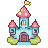 A pastel-colored whimsical castle with rounded turrets topped with pink mushroom-like caps, a central tower with a fluttering flag, arched windows, and a deep pink doorway, set against soft green foliage.