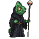 Menacing green chameleon in tattered dark robes, holding a skull-topped staff, with flickering red aura and sharp teeth.