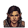 Pixel art portraits of a scarred elf, a grizzled dwarf with a braided beard, and a menacing orc with bared tusks, all with stern expressions.