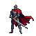 Stoic warrior in segmented silver armor with a flowing crimson cape, holding a slender pixelated sword.
