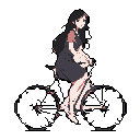 A wistful young woman cycles in pixel art, her long hair flowing behind her as she gazes out with a calm expression. The simple color palette and stark background create a peaceful, contemplative atmosphere around her solitary ride.