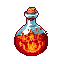 A stout glass potion bottle filled with glowing red, orange, and yellow liquid, sealed with a brown cork.