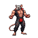 Muscular anthropomorphic rat character with clenched fists, wearing a dark grey sleeveless vest with a red sash and a metal mask.