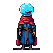 A figure with a translucent blue droplet-shaped head, wearing a deep blue tunic and trousers, and a flowing crimson cape.