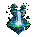 A vibrant pixel art image showcases a serene fantasy landscape with a cascading waterfall flowing between two prominent, earth-covered floating islands. The scene evokes a sense of wonder and calm with its rich colors and dynamic, multi-tiered structure.
