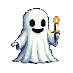 Stylized white ghost with black face and smile, holding a lit candle in its right hand and pointing with its left, against a black background.