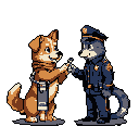 A friendly dog-like character offers a silver key to a uniformed police officer in this wholesome pixel art scene. The image captures a moment of cooperation and trust between the two canid characters.