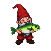 Jubilant gnome in red cap and tunic dances, holding a plump green fish.