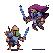 Two pixelated warriors clash swords mid-air. The left warrior wears blue and green armor and defends, while the right warrior in dark armor and a purple cape attacks upwards.