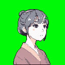 This pixel art portrait depicts a young woman in traditional reddish-brown attire, her neutral gaze directed thoughtfully to the right. The clean aesthetic is emphasized by a vibrant green background, contrasting with her muted tones and practical hairstyle.