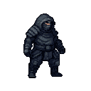 A heavily armored figure stands centrally, facing right with head turned slightly towards the viewer. Their face is obscured by a hood and mask, with only eyes and the bridge of their nose visible. The figure wears dark grey and black armor, with hands visible in gloves. The background is a solid, muted grey.