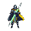Armored warrior holding a glowing lime green and white staff weapon, standing against a grey background.