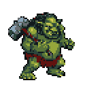 A grinning, green-skinned troll or ogre, rendered in pixel art, stands ready with a large, crude hammer. The menacing yet comical creature is poised for action, its posture suggesting an imminent strike.