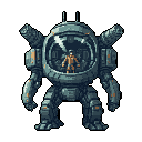 A bipedal mech suit with a pilot visible in its cockpit, presented front-facing against a teal-grey background. The mech is dark grey with olive-green accents and rust-orange wear marks, featuring cylindrical shoulder turrets and a rounded glass cockpit dome.