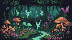 Ethereal, glowing sprites dance amongst bioluminescent mushrooms and an aquamarine stream on a mystical forest floor.