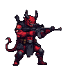 Muscular red demon with horns and tail running with assault rifle.
