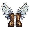 Ornate golden boots with intricately detailed patterns, adorned with majestic, white feathered wings in mid-flight.