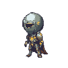 Chibi knight with detailed gray and golden armor, standing with a slight lean against a muted greenish-gray background.