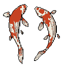 Two vibrant, pixelated koi fish swim in mirrored harmony, their orange-red and creamy white scales contrasting beautifully against a dark grey background. The simple yet striking composition evokes a sense of balance and tranquility.