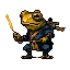 Anthropomorphic frog in ninja attire, in a low combat stance, holding a glowing yellow blade forward.