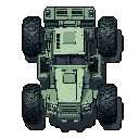 This pixel art image showcases a detailed, top-down view of a heavily armored military vehicle rendered in a muted green palette. The robust APC design and intricate pixel work evoke a sense of utilitarian preparedness.