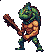 Green, muscular creature with reptilian head, running with a wooden club.
