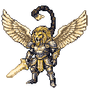 A humanoid warrior with a lion's head, golden mane, and open mouth, large feathered angelic wings, and a scorpion tail arching over its head. It wears intricate silver and gold armor and wields a golden sword in its right hand. The figure stands against a plain brown background.
