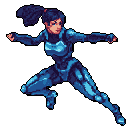 A pixel art fighter stands ready for action, her dynamic pose and hi-tech blue suit radiating power and determination. This single character is rendered in a cool-toned palette, creating a sleek and energetic vibe.
