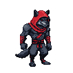 Anthropomorphic wolf ninja in dark, red-accented attire, running with a snarling expression.
