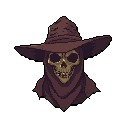 Skeletal figure wearing a wide-brimmed hat and neck covering, frontal view, yellowish-gold skull with bared teeth against a muted reddish-brown background.
