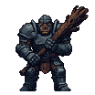 Armored orc or ogre in low fighting stance, gripping a wooden club, with tusks visible.