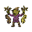 Grotesque goblin creature with raised arms, holding indistinct objects in each hand, against a deep plum background.