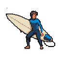 A pixel art surfer in a blue wetsuit stands relaxed, holding his surfboard, ready to catch a wave. The muted tones and simple design evoke a feeling of calm anticipation.