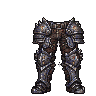 Collection of cell-shaded pixel art leg armors for a role-playing game, featuring spiked greaves, layered cuisses, and articulated segmented plating.