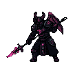 Warrior in dark, ornate armor with pink accents lunges forward with a spear, a purple spark effect at its tip.