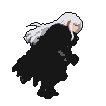 A character with long white hair and a dark, voluminous cloak sprints right, their hair and cape billowing with motion.