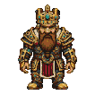 Regal dwarf king in ornate golden armor and jeweled crown, with auburn beard and stern expression, standing with hands at sides in a subtle idle animation.