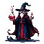 A solitary wizard in a dark blue pointed hat and robe with maroon accents, holding a bubbling red potion in a glass flask in one hand and a small glowing red object in the other, with a long white beard obscuring their face, against a black background.