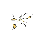 This pixel art image showcases an abstract, organic form with branching yellow and brown clusters contrasted by thin black lines. Resembling microscopic life or a network, the structure creates an ambiguous and intriguing visual.